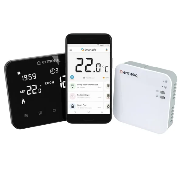 Termostat programabil, Wireless, RF, Wi-Fi, Ermetiq TA-WT20W, 868MHz, 2.4GHz, Display LCD, functie fereastra deschisa, Negru